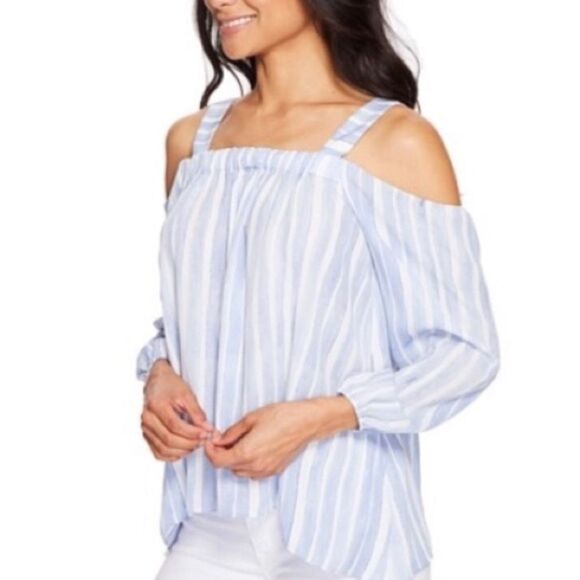 VINCE CAMUTO Sleeveless Off Shoulder Striped Blouse Blue White XS - Picture 3 of 12